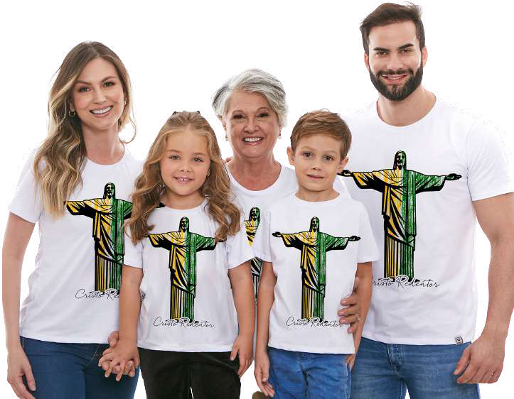 Camisetas com cria&ccedil;&otilde;es inspiradas no Cristo Redentor.